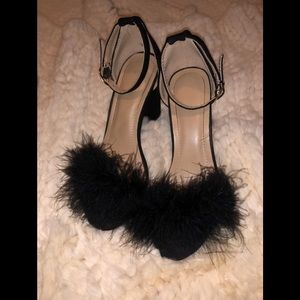 Black Fluffy strappy heels, size 5.5